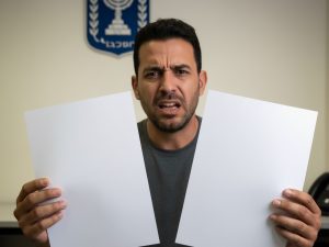 אדם מתוסכל אוחז בשני מסמכים , וברקע סמל משרד הביטחון מטושטש