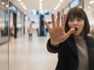 יד של אישה נוגעת במפתיע במשטח זכוכית שקוף ובלתי נראה, על רקע מטושטש של קניון. התמונה מעבירה תחושה של הלם והיתקלות במכשול לא צפוי.