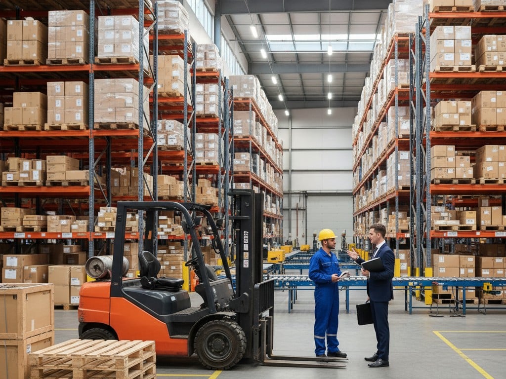 מחסן לוגיסטי עם מלגזה כתומה עומדת ליד משטחי עץ, ברקע עובד משוחח עם עורך דין שמחזיק מסמכים משפטיים