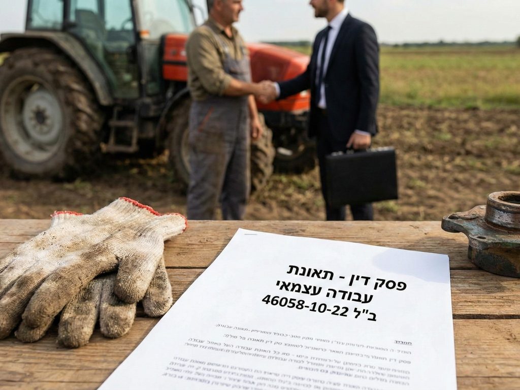 מסמך פסק דין המכיר ב-תאונת עבודה עצמאי (תיק 46058-10-22) מונח על שולחן בשטח, לצד כפפות עבודה. ברקע לחיצת יד בין חקלאי לעורך דין ליד טרקטור.
