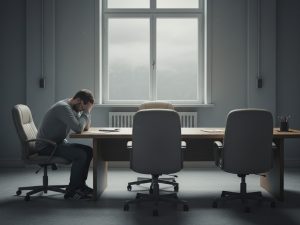 גבר יושב לבדו בייאוש ליד שולחן ארוך בחדר וועדה עליונה במשרדבהביטחון, אוחז את ראשו בידיו ומביט מטה, כשמולו ניצבים מספר כיסאות משרדיים ריקים.