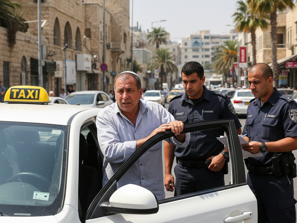 נהג מונית ליד המונית שלו שהיא מונית ישראלית לבנה עם כובע צהוב ולידו שוטרים. הנהג נראה מבולבל ומפוחד והשוטרים קשוחים