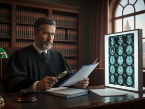 שופט בוחן מסמך משפטי לצד צילום MRI