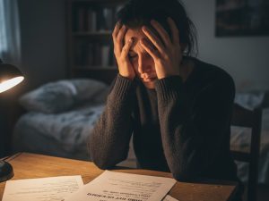 אישה יושבת לבדה בחדר מואר במעומעם, אוחזת בראשה במבט מותש, כשמולה מכתב דחייה רשמי מהמוסד לביטוח לאומי.