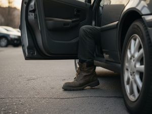 תקריב על רגל עם נעל עבודה, הנמצאת חצי בתוך רכב וחצי על המדרכה, רגע לפני תאונת דרכים כשהדלת האחורית של הרכב פתוחה. התמונה משדרת תחושת "בין לבין" ופגיעות