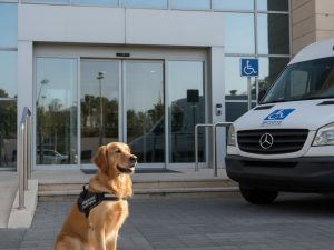 תמונה של כלב שירות של נכה צה"ל ממתין בסבלנות מחוץ למשרדי אגף השיקום, כשברקע רכב נכה