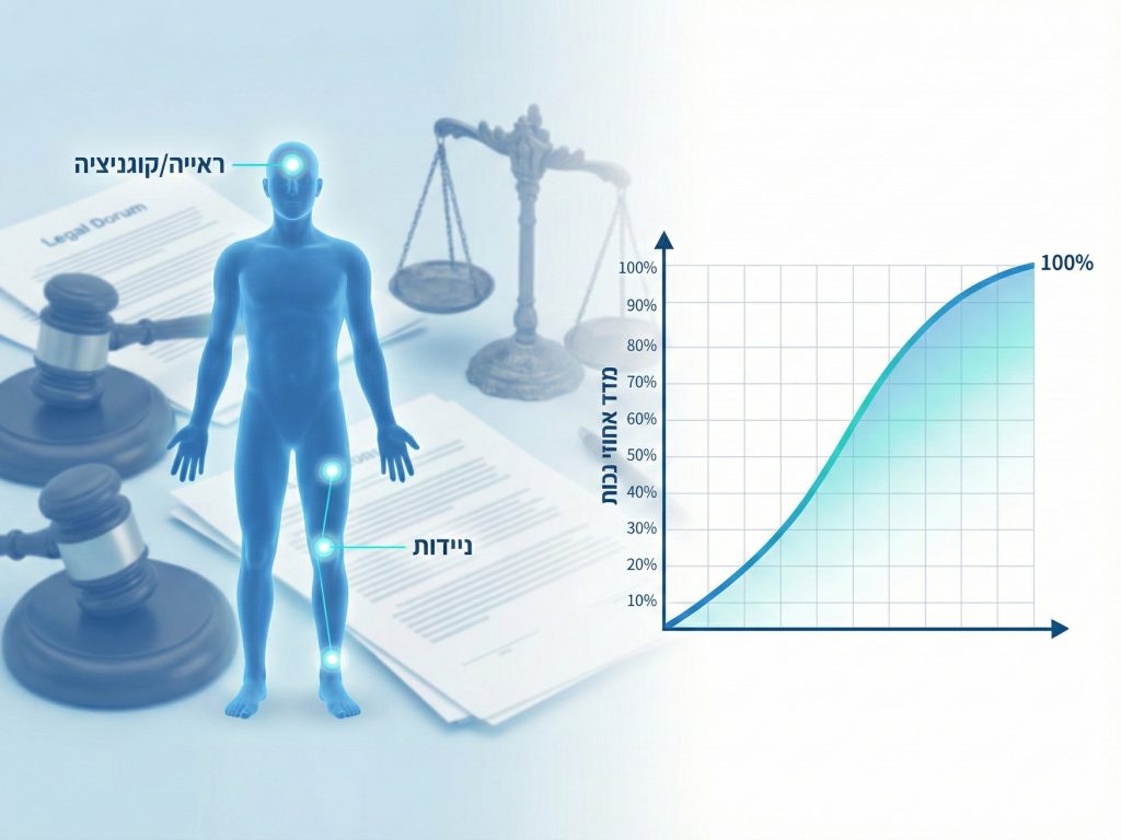 דמות אדם טרשת נפוצה, לצד מאזני צדק, פטיש שופטים ומסמכים משפטיים. גרף עולה מראה את הקשר בין הפגיעה למדד אחוזי הנכות, המגיע עד 100%.